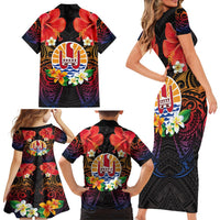 French Polynesia Bastille Day Family Matching Short Sleeve Bodycon Dress and Hawaiian Shirt Tiare Flower and National Seal Polynesian Pattern LT03 - Polynesian Pride