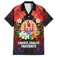 French Polynesia Bastille Day Family Matching Short Sleeve Bodycon Dress and Hawaiian Shirt Tiare Flower and National Seal Polynesian Pattern LT03 Dad's Shirt - Short Sleeve Black - Polynesian Pride