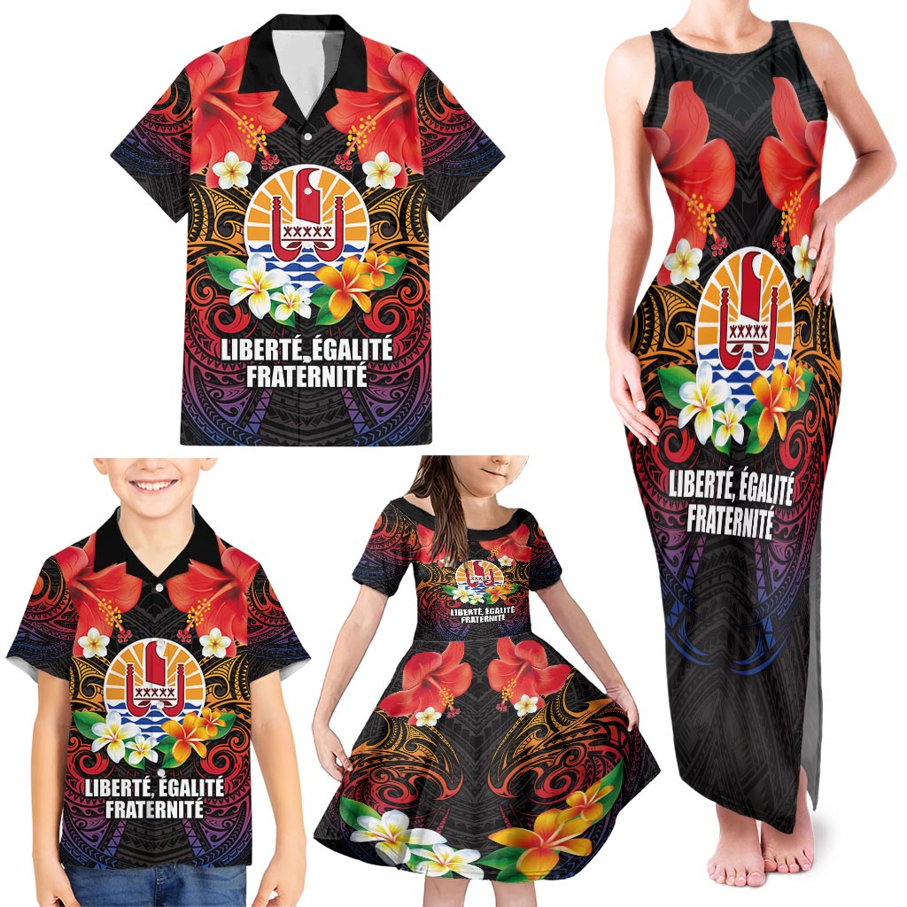French Polynesia Bastille Day Family Matching Tank Maxi Dress and Hawaiian Shirt Tiare Flower and National Seal Polynesian Pattern LT03 - Polynesian Pride