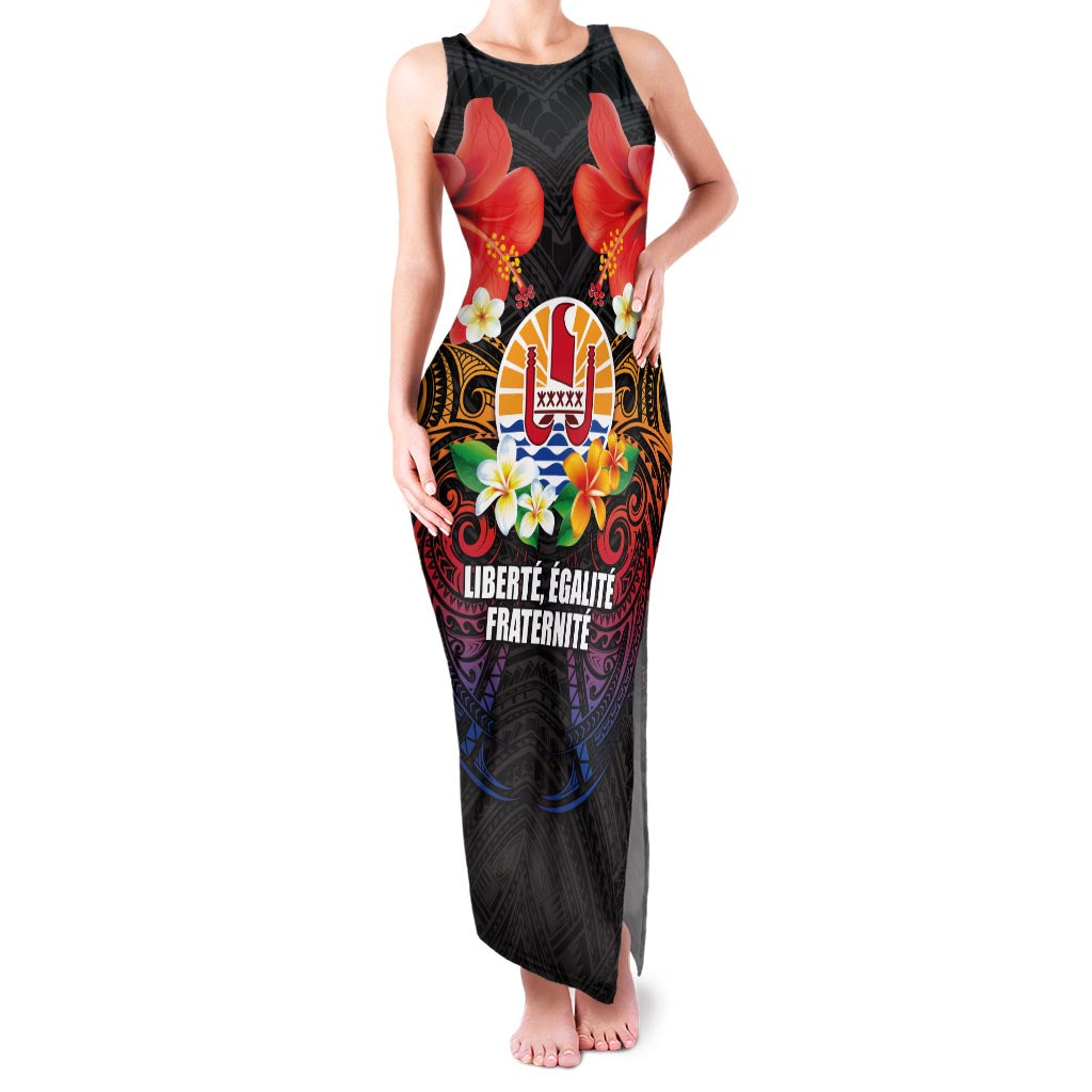 French Polynesia Bastille Day Family Matching Tank Maxi Dress and Hawaiian Shirt Tiare Flower and National Seal Polynesian Pattern LT03 Mom's Dress Black - Polynesian Pride