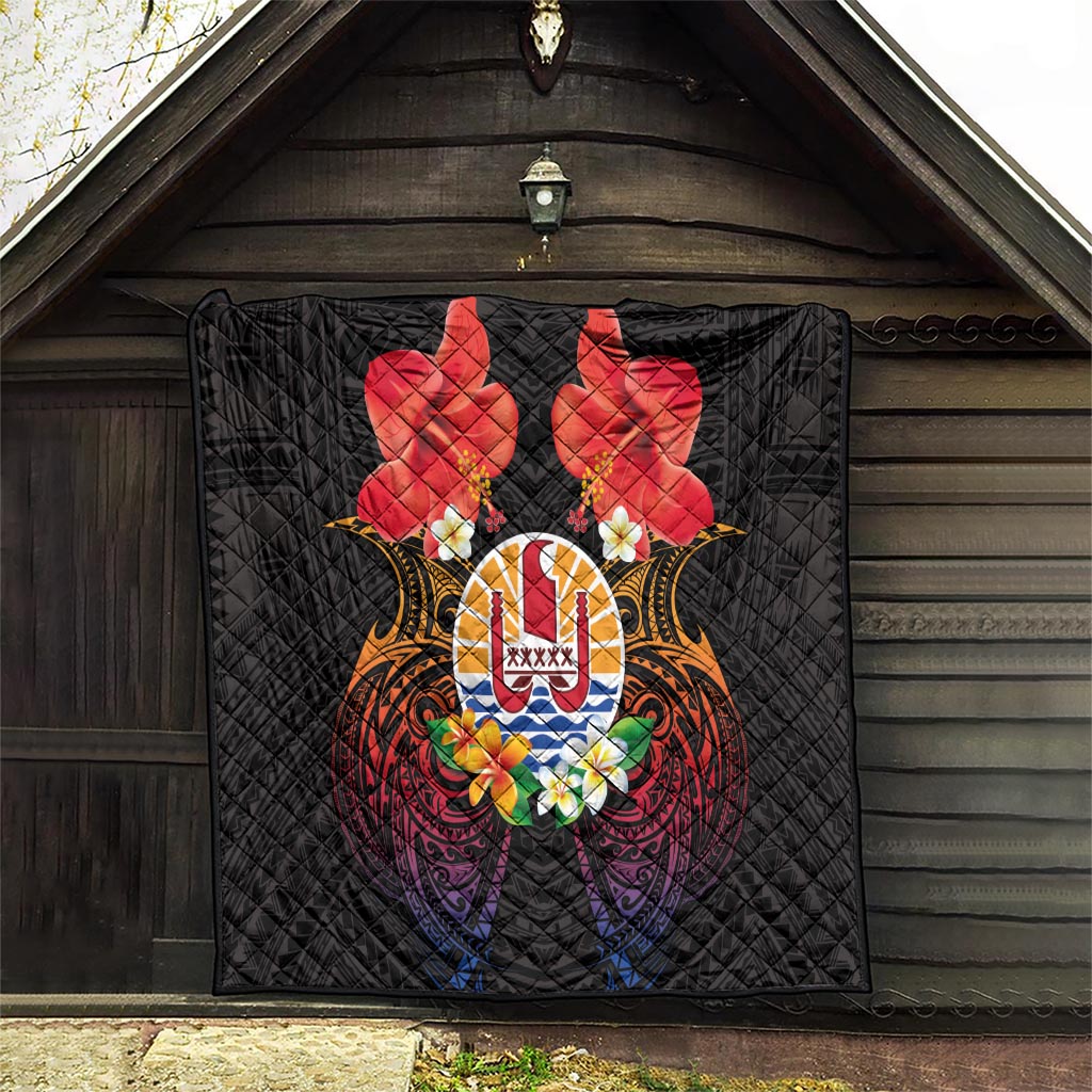 French Polynesia Bastille Day Quilt Tiare Flower and National Seal Polynesian Pattern
