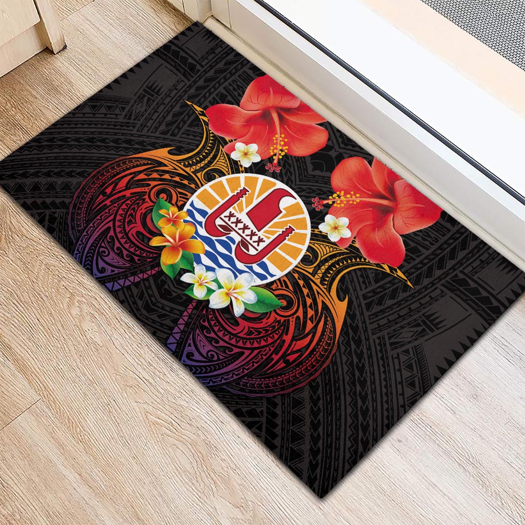 French Polynesia Bastille Day Rubber Doormat Tiare Flower and National Seal Polynesian Pattern
