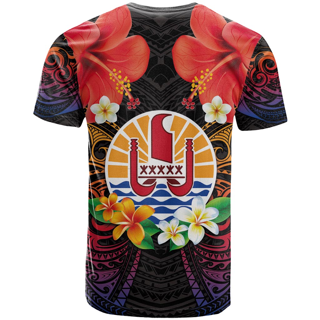 French Polynesia Bastille Day T Shirt Tiare Flower and National Seal Polynesian Pattern