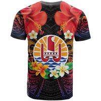 French Polynesia Bastille Day T Shirt Tiare Flower and National Seal Polynesian Pattern