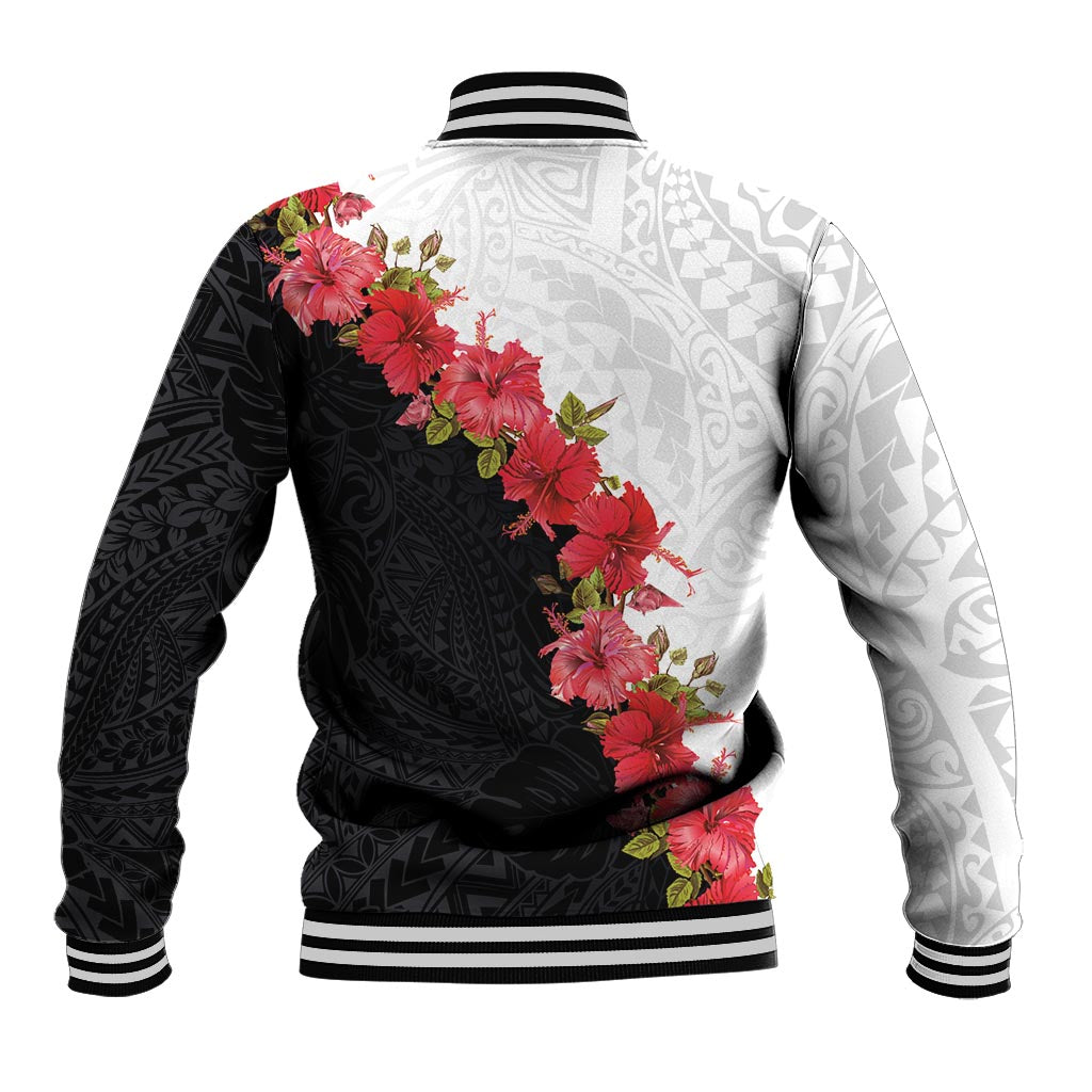 Hawaii Red Hibiscus Flowers Baseball Jacket Polynesian Pattern With Half Black White Version