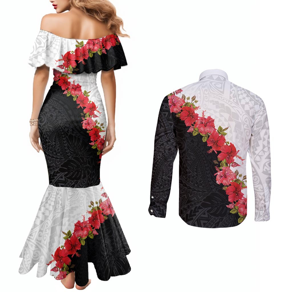 Hawaii Red Hibiscus Flowers Couples Matching Mermaid Dress and Long Sleeve Button Shirt Polynesian Pattern With Half Black White Version