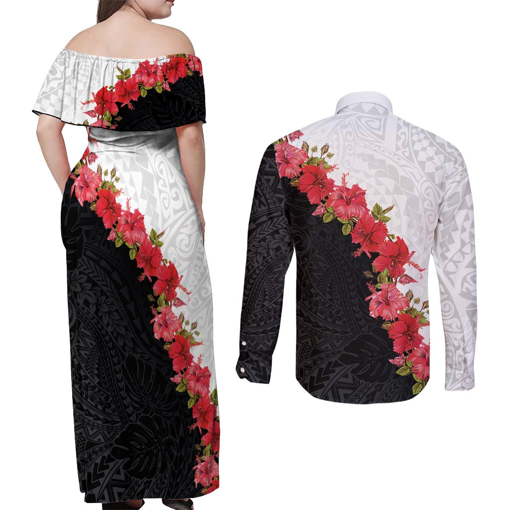 Hawaii Red Hibiscus Flowers Couples Matching Off Shoulder Maxi Dress and Long Sleeve Button Shirt Polynesian Pattern With Half Black White Version LT03 - Polynesian Pride