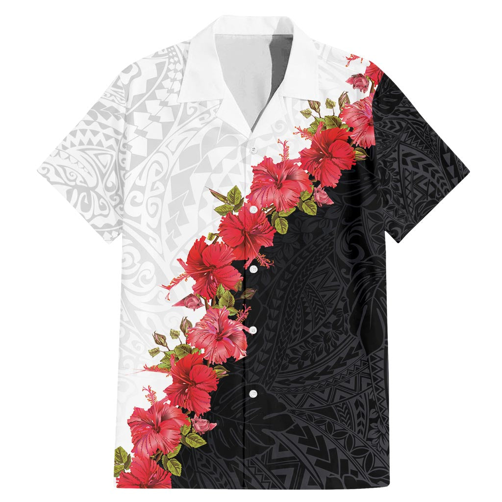 Hawaii Red Hibiscus Flowers Family Matching Mermaid Dress and Hawaiian Shirt Polynesian Pattern With Half Black White Version