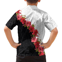 Hawaii Red Hibiscus Flowers Family Matching Off Shoulder Short Dress and Hawaiian Shirt Polynesian Pattern With Half Black White Version