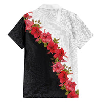 Hawaii Red Hibiscus Flowers Family Matching Off Shoulder Short Dress and Hawaiian Shirt Polynesian Pattern With Half Black White Version