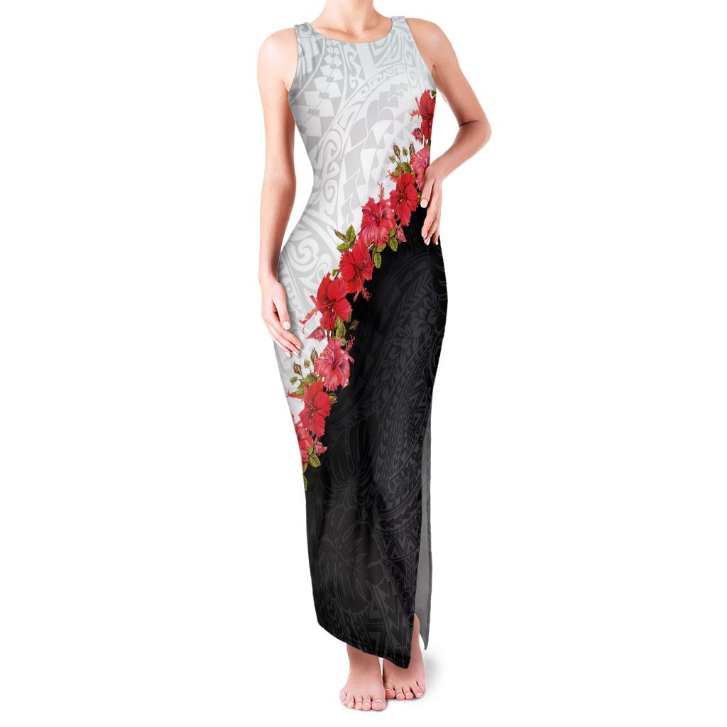 Hawaii Red Hibiscus Flowers Family Matching Tank Maxi Dress and Hawaiian Shirt Polynesian Pattern With Half Black White Version