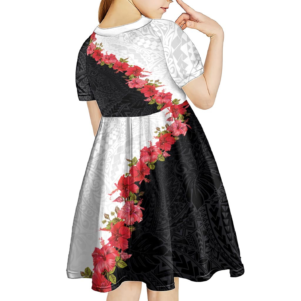 Hawaii Red Hibiscus Flowers Kid Short Sleeve Dress Polynesian Pattern With Half Black White Version