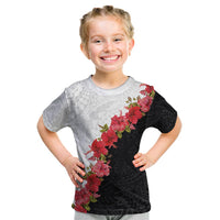 Hawaii Red Hibiscus Flowers Kid T Shirt Polynesian Pattern With Half Black White Version