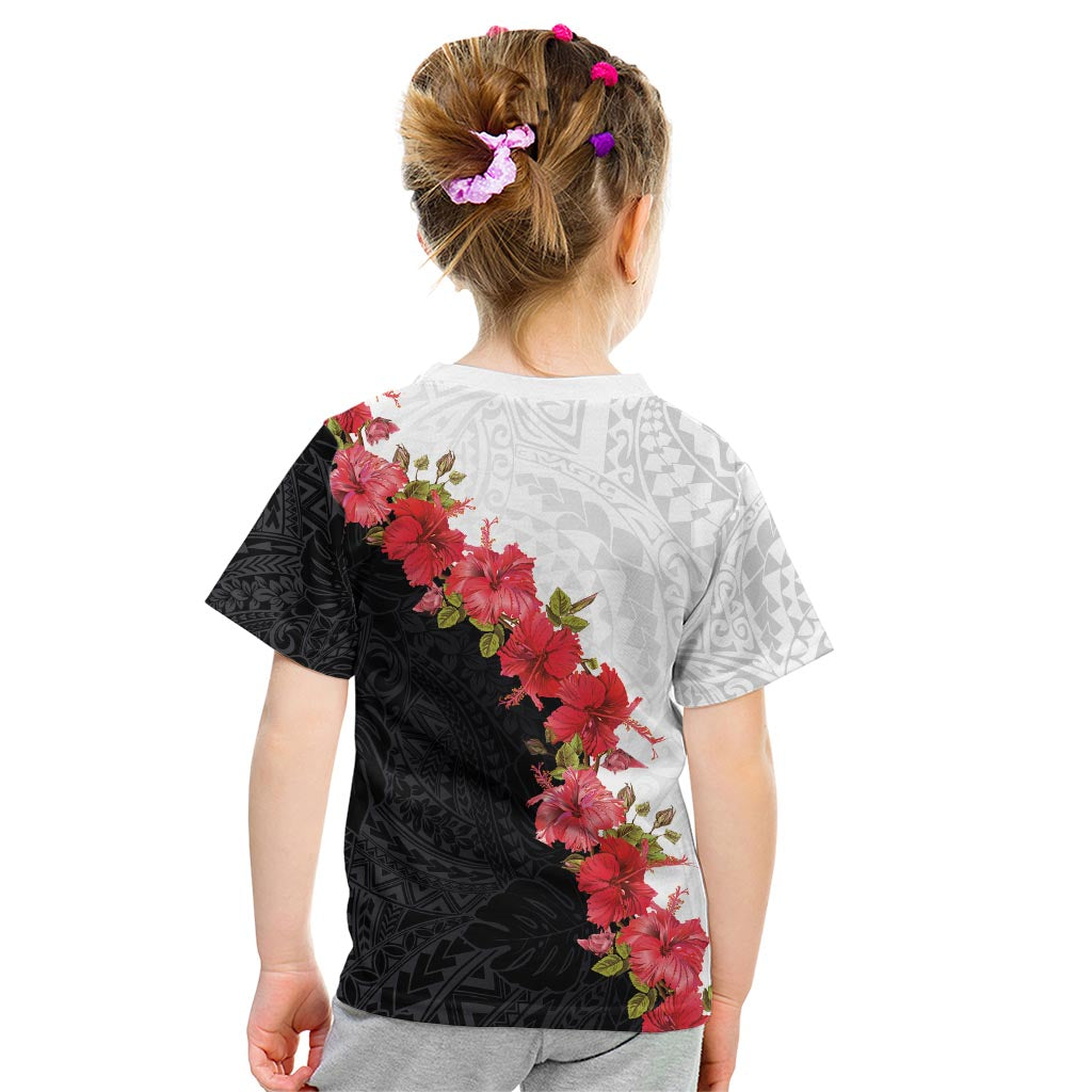 Hawaii Red Hibiscus Flowers Kid T Shirt Polynesian Pattern With Half Black White Version
