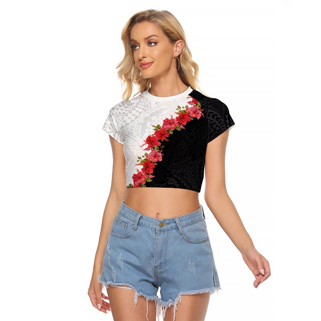 Hawaii Red Hibiscus Flowers Raglan Cropped T Shirt Polynesian Pattern With Half Black White Version