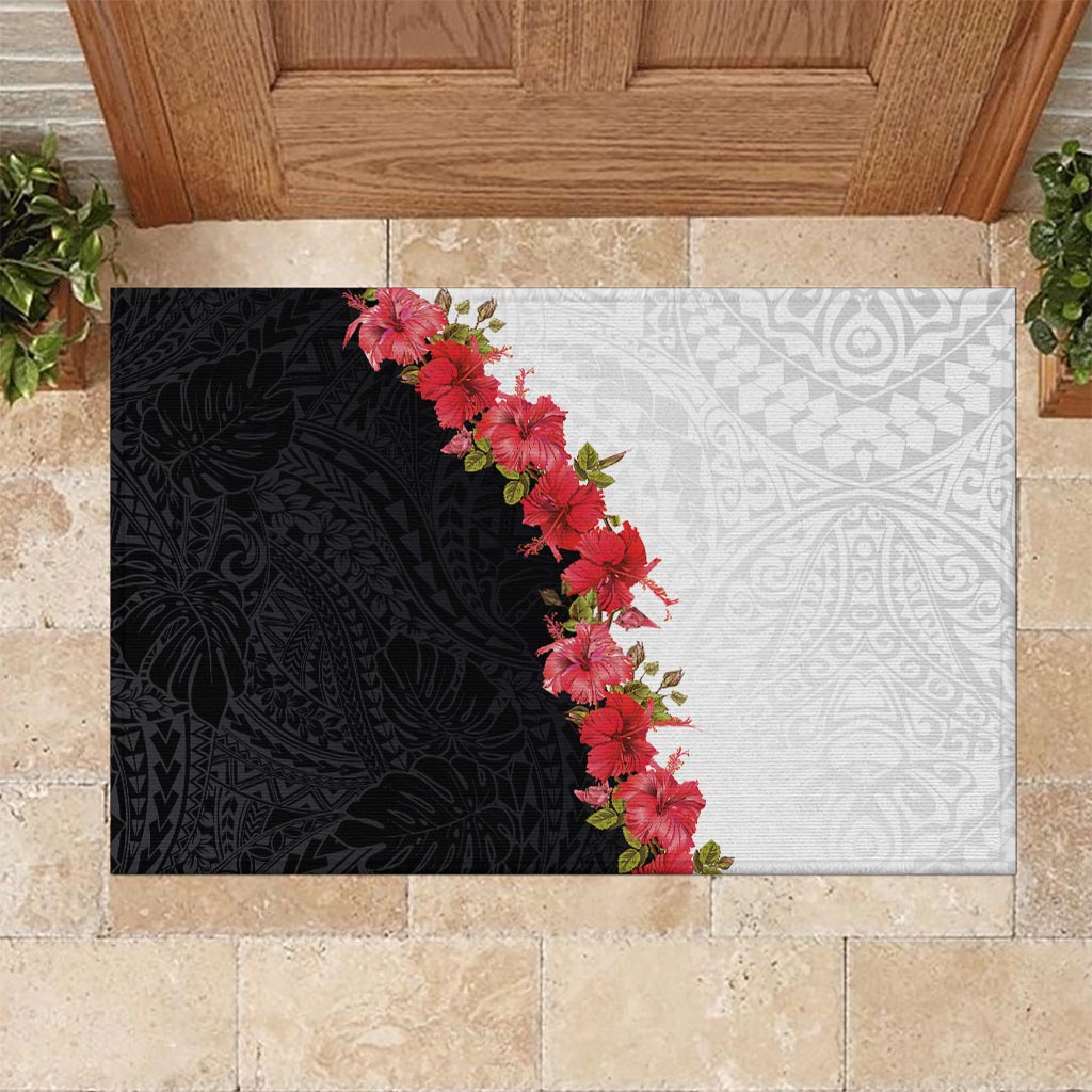 Hawaii Red Hibiscus Flowers Rubber Doormat Polynesian Pattern With Half Black White Version
