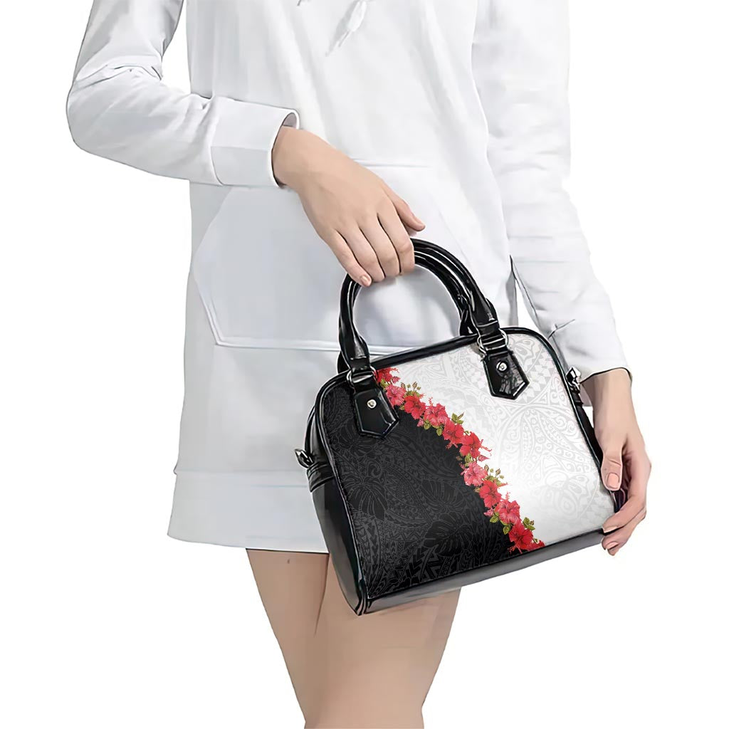 Hawaii Red Hibiscus Flowers Shoulder Handbag Polynesian Pattern With Half Black White Version