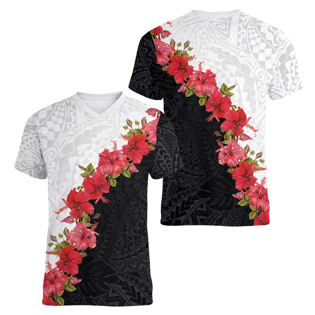 Hawaii Red Hibiscus Flowers Women V-Neck T-Shirt Polynesian Pattern With Half Black White Version