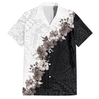 Hawaii Grayscale Hibiscus Flowers Family Matching Off Shoulder Maxi Dress and Hawaiian Shirt Polynesian Pattern With Half Black White Version