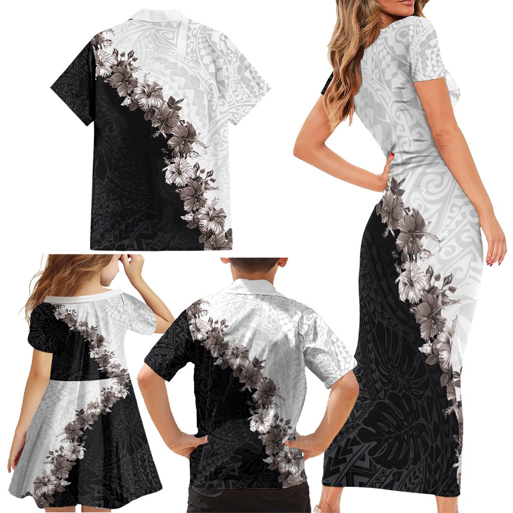 Hawaii Grayscale Hibiscus Flowers Family Matching Short Sleeve Bodycon Dress and Hawaiian Shirt Polynesian Pattern With Half Black White Version LT03 - Polynesian Pride