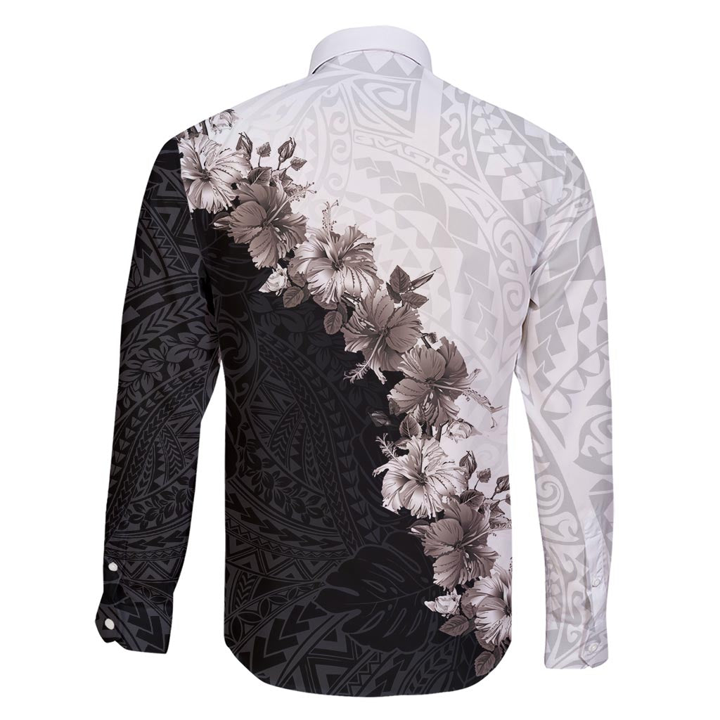 Hawaii Grayscale Hibiscus Flowers Family Matching Short Sleeve Bodycon Dress and Hawaiian Shirt Polynesian Pattern With Half Black White Version LT03 - Polynesian Pride