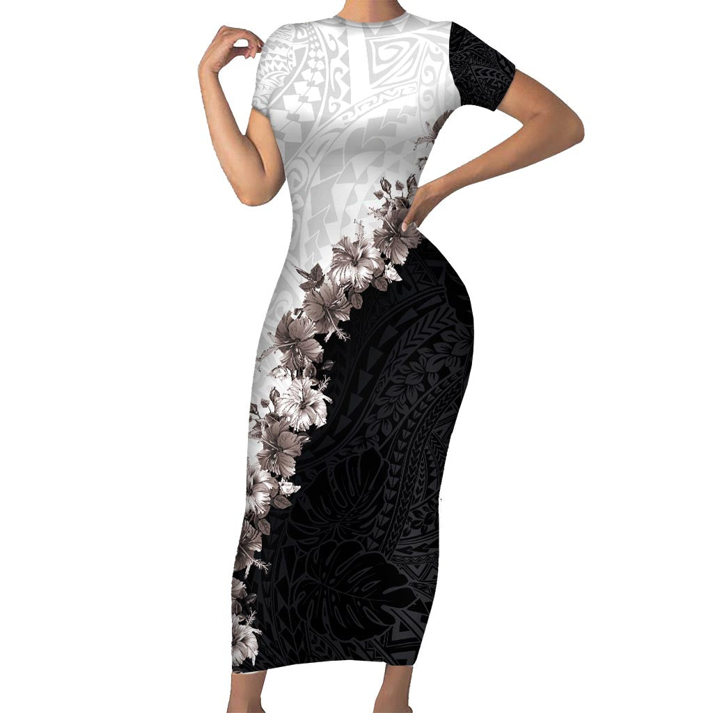 Hawaii Grayscale Hibiscus Flowers Family Matching Short Sleeve Bodycon Dress and Hawaiian Shirt Polynesian Pattern With Half Black White Version LT03 Mom's Dress Black - Polynesian Pride