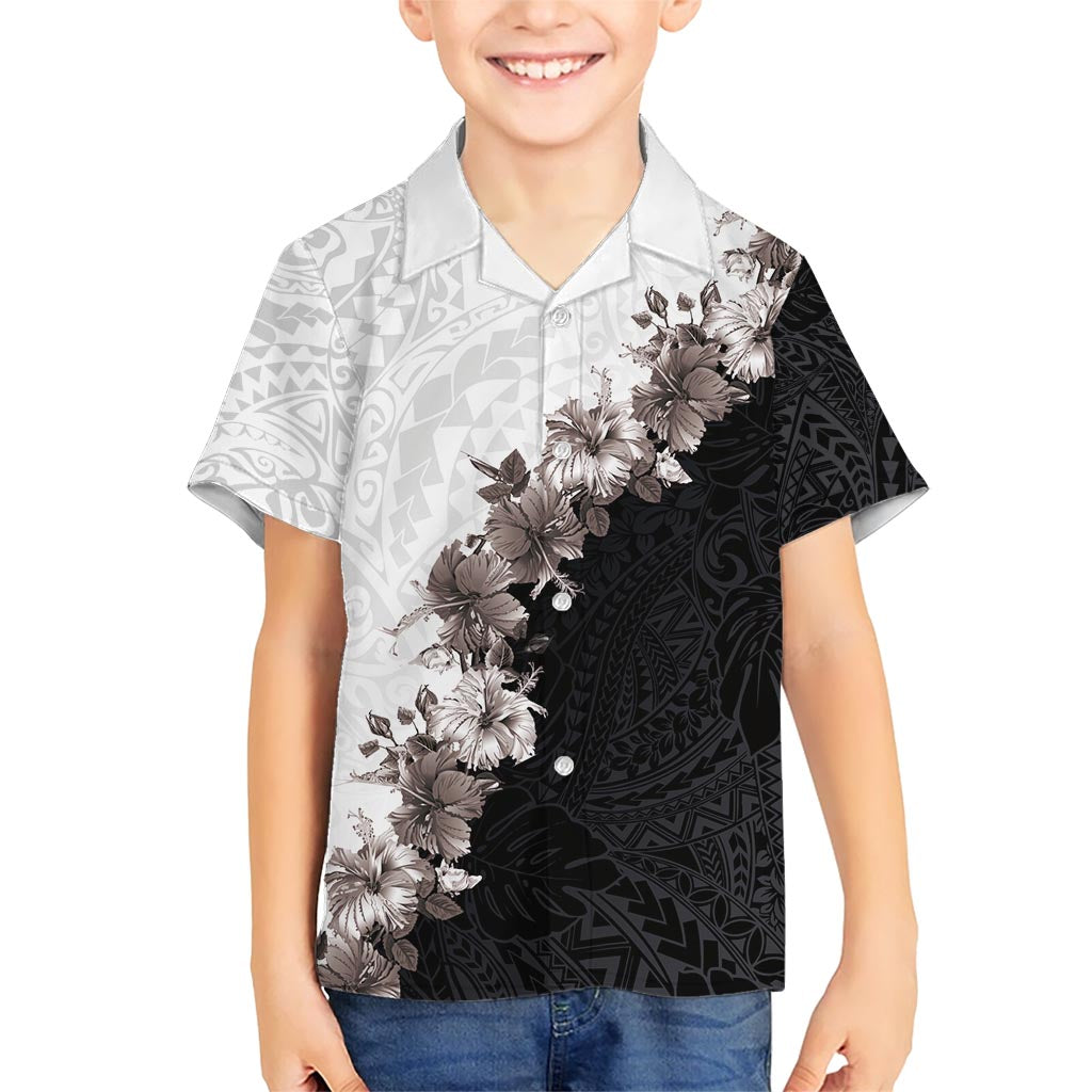 Hawaii Grayscale Hibiscus Flowers Family Matching Short Sleeve Bodycon Dress and Hawaiian Shirt Polynesian Pattern With Half Black White Version LT03 Son's Shirt Black - Polynesian Pride
