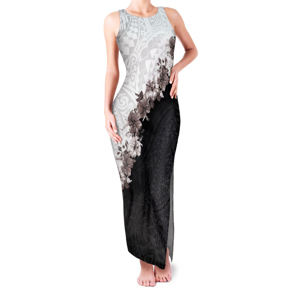 Hawaii Grayscale Hibiscus Flowers Family Matching Tank Maxi Dress and Hawaiian Shirt Polynesian Pattern With Half Black White Version