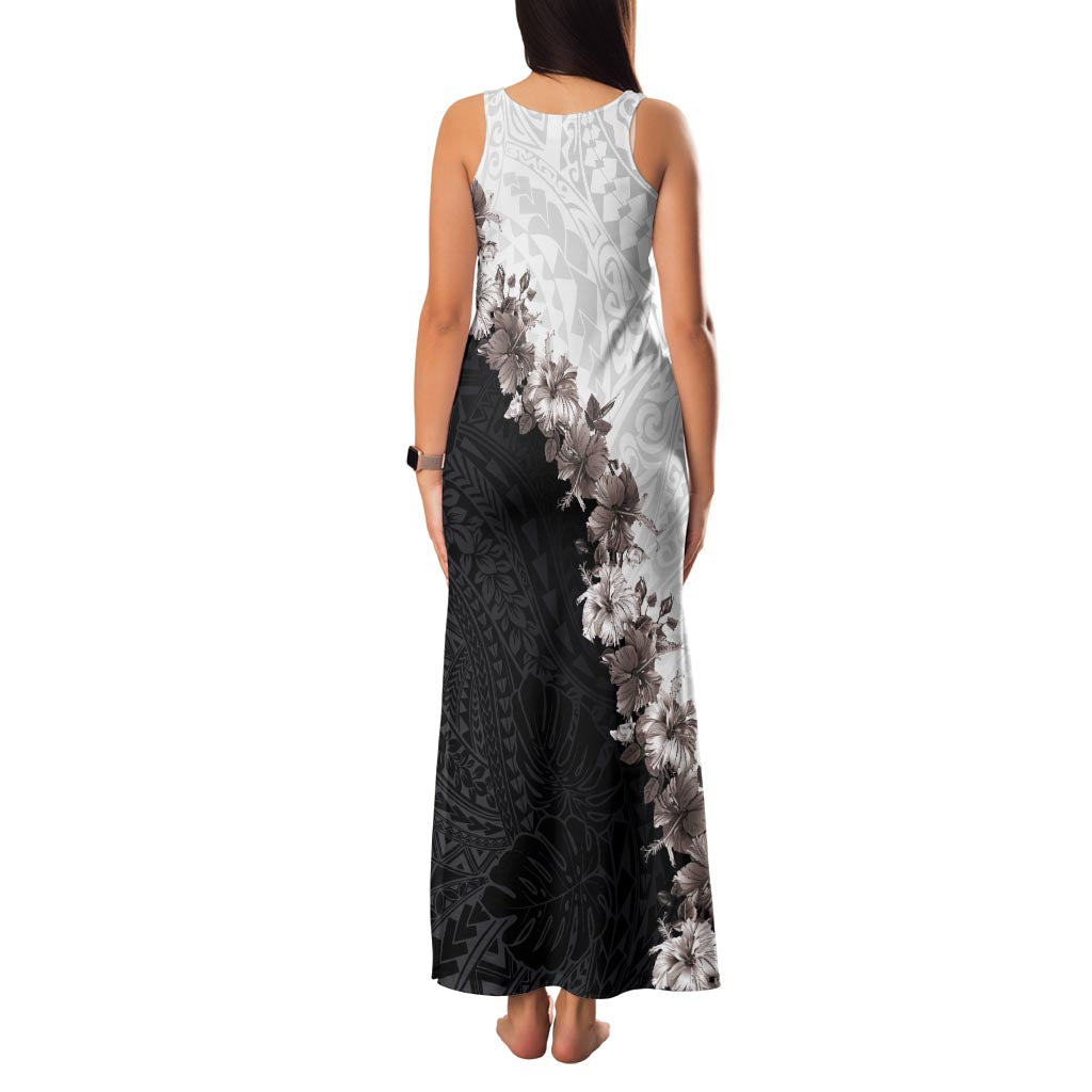 Hawaii Grayscale Hibiscus Flowers Family Matching Tank Maxi Dress and Hawaiian Shirt Polynesian Pattern With Half Black White Version