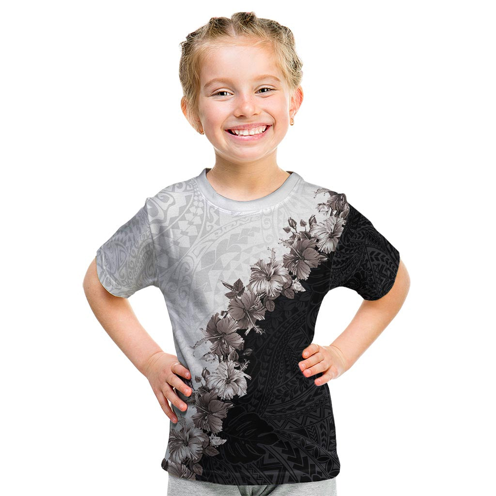 Hawaii Grayscale Hibiscus Flowers Kid T Shirt Polynesian Pattern With Half Black White Version
