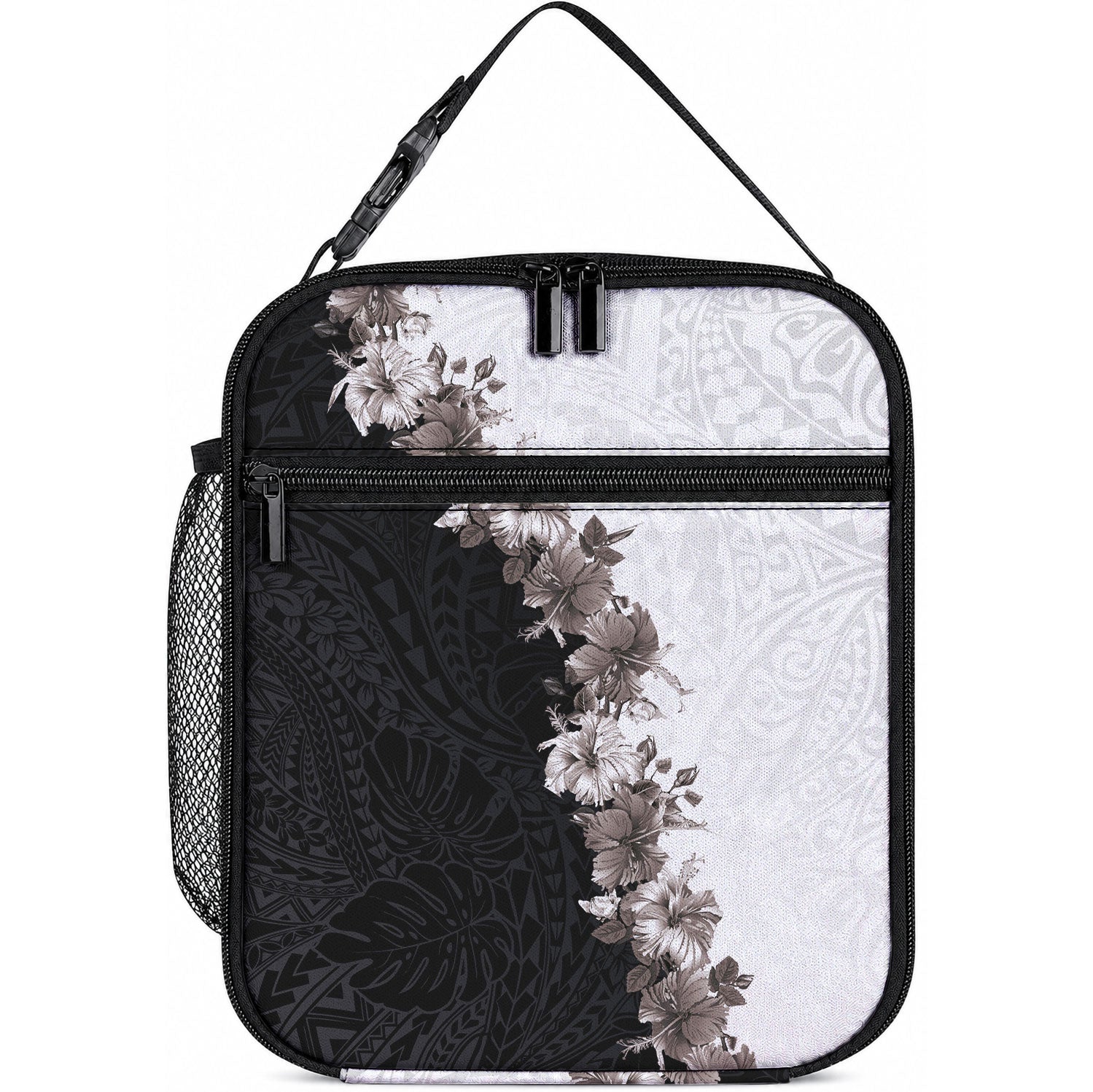 Hawaii Grayscale Hibiscus Flowers Lunch Bag LT03 10.2 × 8.3 × 4.3 inch Black - Polynesian Pride