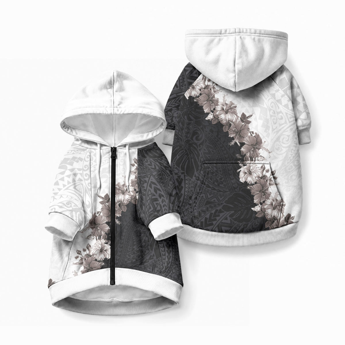 Hawaii Grayscale Hibiscus Flowers Pet Hoodie LT03 Zip-up Black - Polynesian Pride