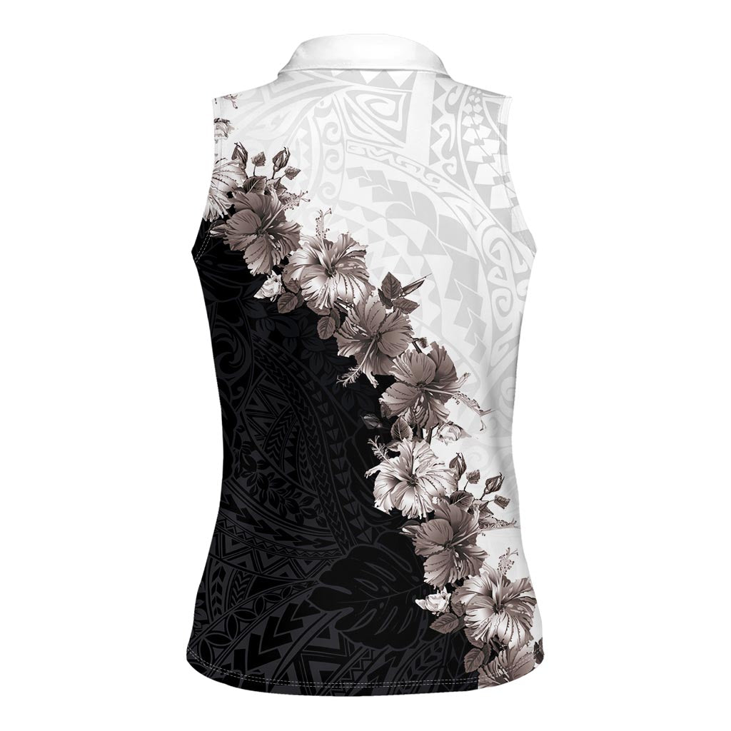 Hawaii Grayscale Hibiscus Flowers Women Sleeveless Polo Shirt Polynesian Pattern With Half Black White Version