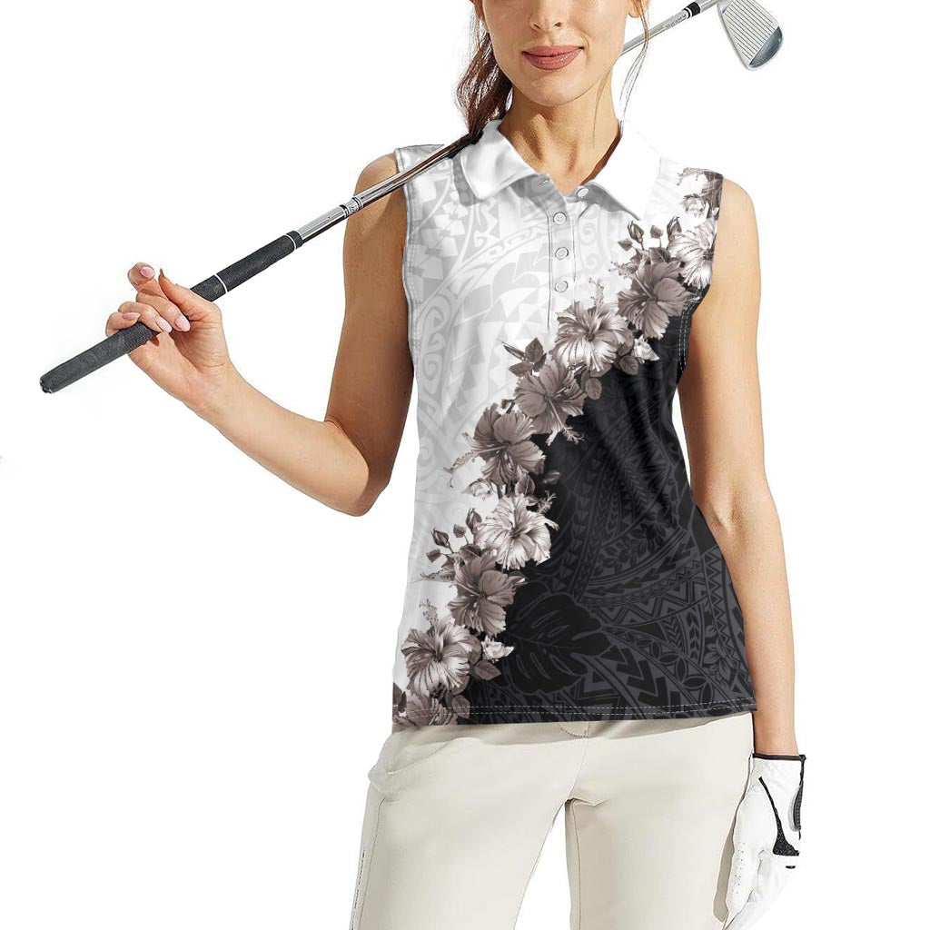 Hawaii Grayscale Hibiscus Flowers Women Sleeveless Polo Shirt Polynesian Pattern With Half Black White Version