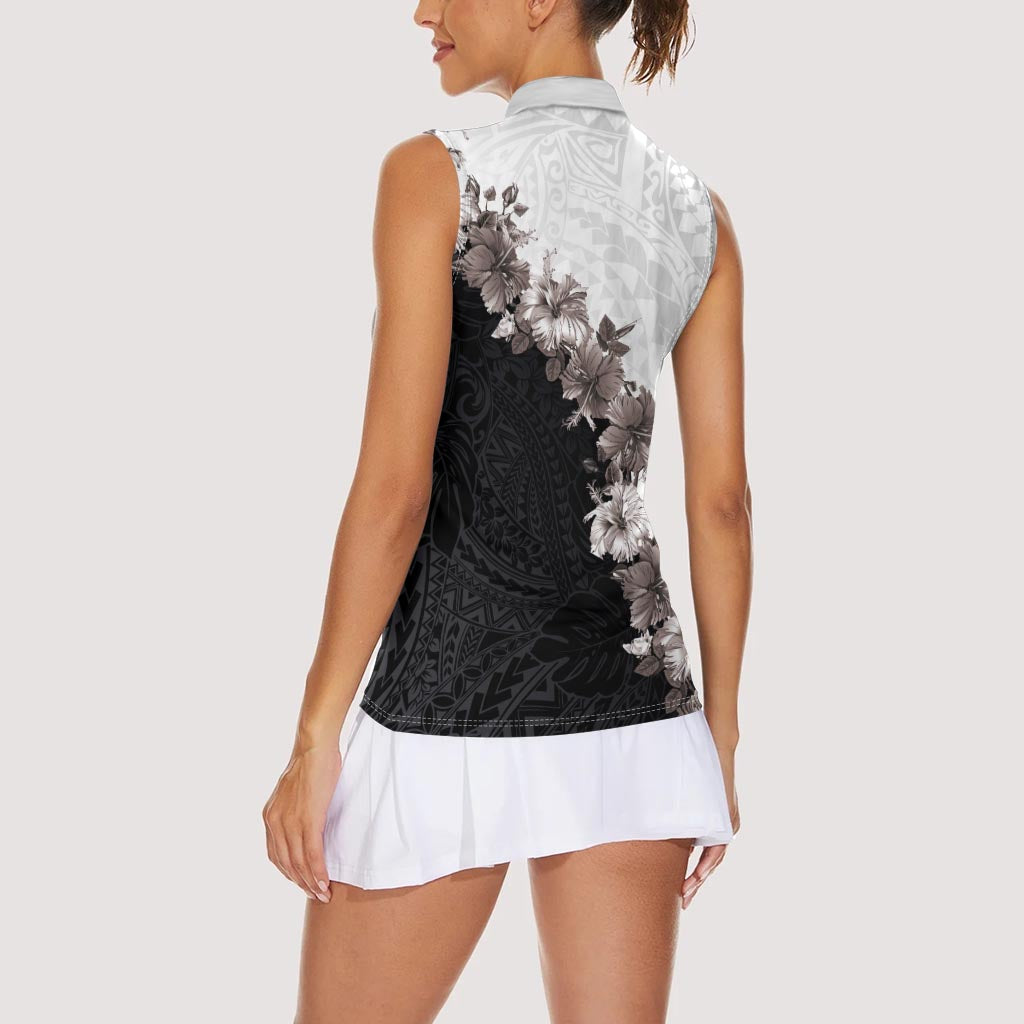 Hawaii Grayscale Hibiscus Flowers Women Sleeveless Polo Shirt Polynesian Pattern With Half Black White Version
