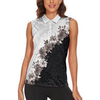 Hawaii Grayscale Hibiscus Flowers Women Sleeveless Polo Shirt Polynesian Pattern With Half Black White Version