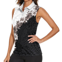 Hawaii Grayscale Hibiscus Flowers Women Sleeveless Polo Shirt Polynesian Pattern With Half Black White Version