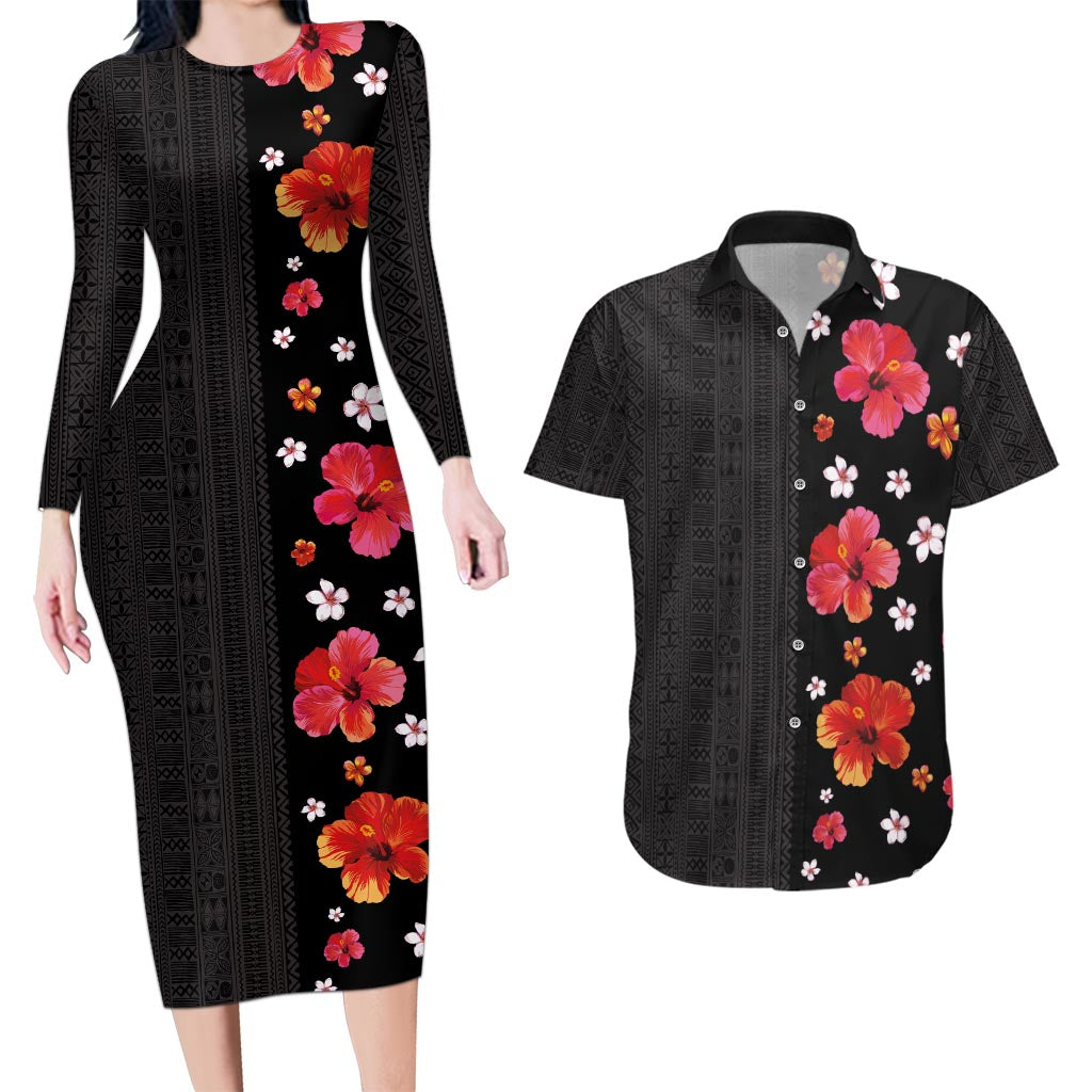 Hawaii Hibiscus and Plumeria Flowers Couples Matching Long Sleeve Bodycon Dress and Hawaiian Shirt Tapa Tribal Pattern Half Style Colorful Mode LT03 Black - Polynesian Pride