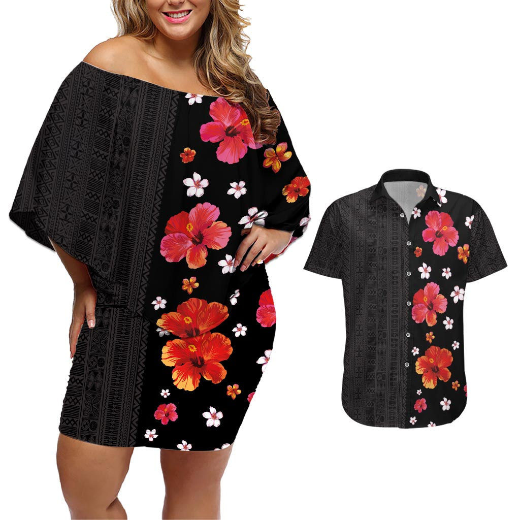 Hawaii Hibiscus and Plumeria Flowers Couples Matching Off Shoulder Short Dress and Hawaiian Shirt Tapa Tribal Pattern Half Style Colorful Mode LT03 Black - Polynesian Pride