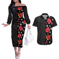 Hawaii Hibiscus and Plumeria Flowers Couples Matching Off The Shoulder Long Sleeve Dress and Hawaiian Shirt Tapa Tribal Pattern Half Style Colorful Mode LT03 Black - Polynesian Pride