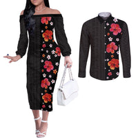 Hawaii Hibiscus and Plumeria Flowers Couples Matching Off The Shoulder Long Sleeve Dress and Long Sleeve Button Shirt Tapa Tribal Pattern Half Style Colorful Mode LT03 Black - Polynesian Pride