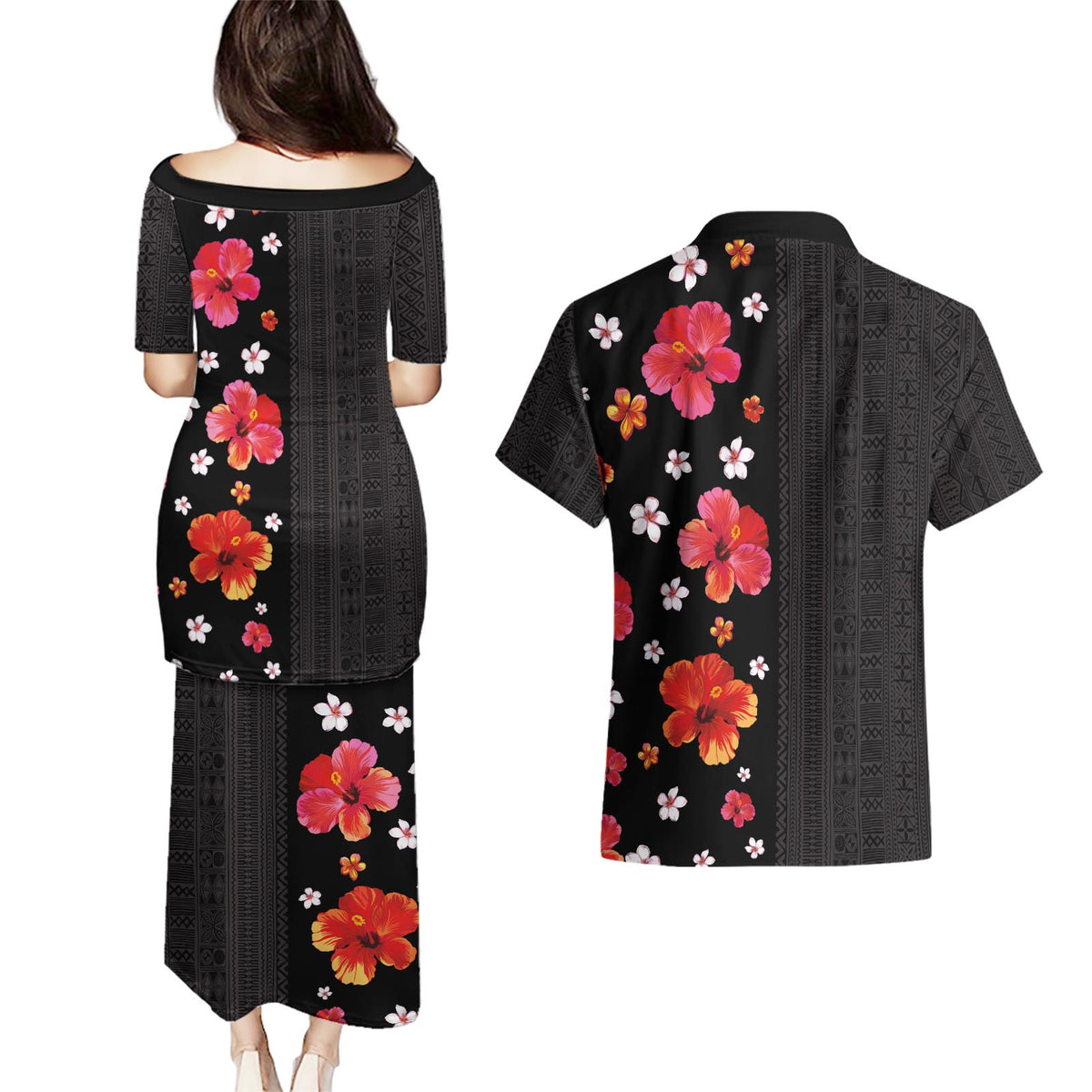 Hawaii Hibiscus and Plumeria Flowers Couples Matching Puletasi and Hawaiian Shirt Tapa Tribal Pattern Half Style Colorful Mode