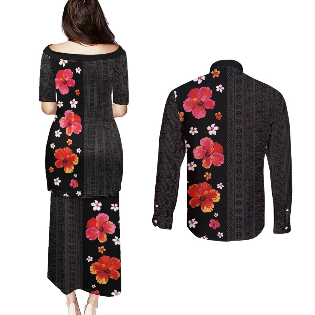 Hawaii Hibiscus and Plumeria Flowers Couples Matching Puletasi and Long Sleeve Button Shirt Tapa Tribal Pattern Half Style Colorful Mode