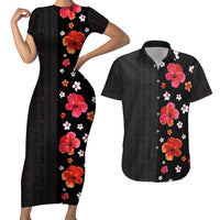 Hawaii Hibiscus and Plumeria Flowers Couples Matching Short Sleeve Bodycon Dress and Hawaiian Shirt Tapa Tribal Pattern Half Style Colorful Mode LT03 Black - Polynesian Pride