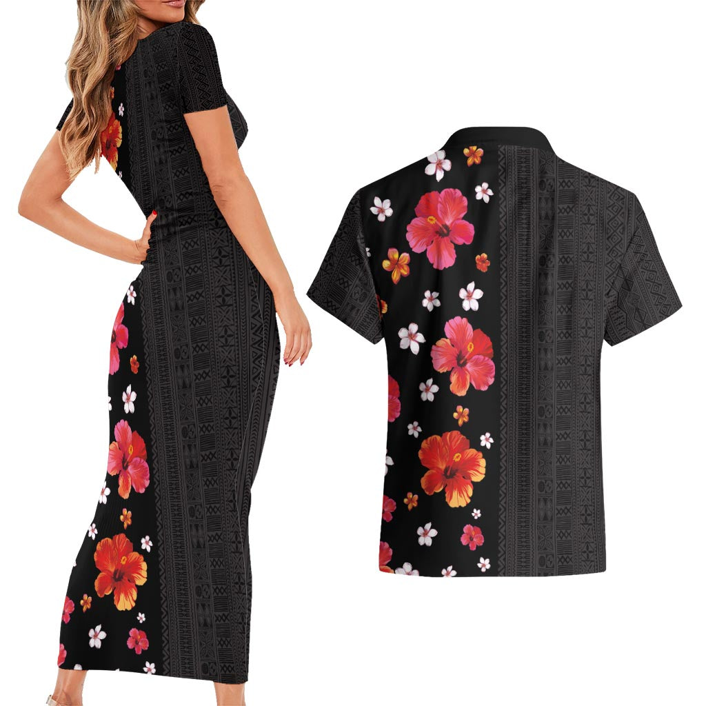 Hawaii Hibiscus and Plumeria Flowers Couples Matching Short Sleeve Bodycon Dress and Hawaiian Shirt Tapa Tribal Pattern Half Style Colorful Mode LT03 - Polynesian Pride