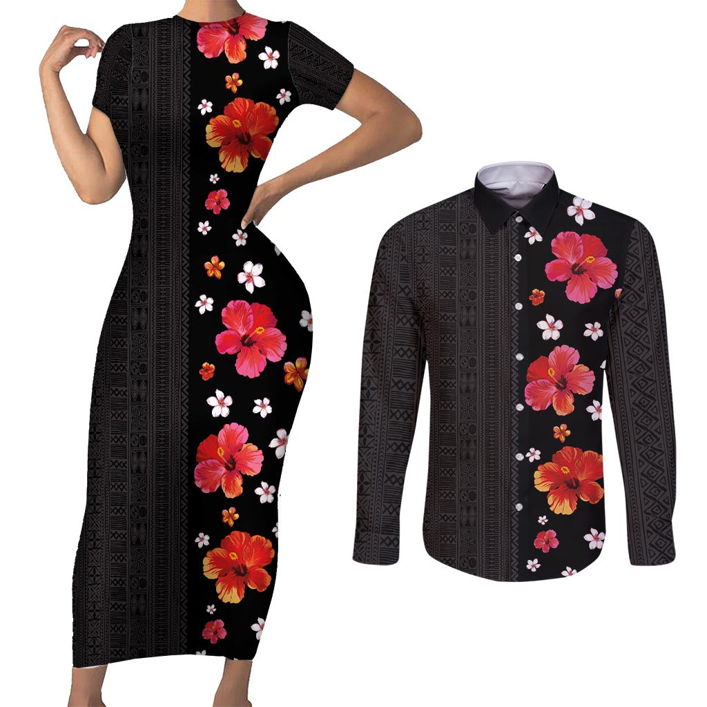 Hawaii Hibiscus and Plumeria Flowers Couples Matching Short Sleeve Bodycon Dress and Long Sleeve Button Shirt Tapa Tribal Pattern Half Style Colorful Mode LT03 Black - Polynesian Pride