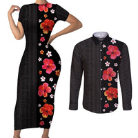 Hawaii Hibiscus and Plumeria Flowers Couples Matching Short Sleeve Bodycon Dress and Long Sleeve Button Shirt Tapa Tribal Pattern Half Style Colorful Mode LT03 Black - Polynesian Pride