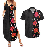 Hawaii Hibiscus and Plumeria Flowers Couples Matching Summer Maxi Dress and Hawaiian Shirt Tapa Tribal Pattern Half Style Colorful Mode LT03 Black - Polynesian Pride