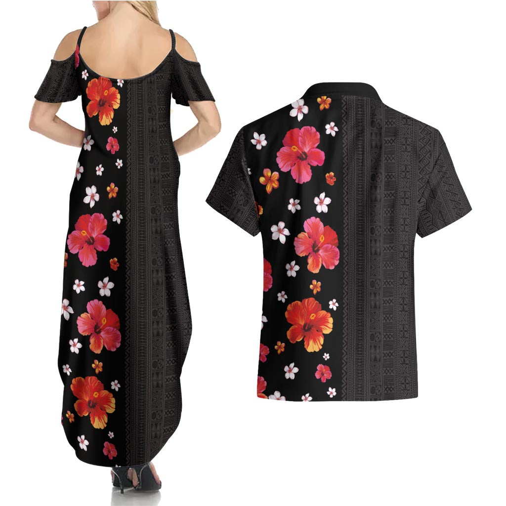 Hawaii Hibiscus and Plumeria Flowers Couples Matching Summer Maxi Dress and Hawaiian Shirt Tapa Tribal Pattern Half Style Colorful Mode LT03 - Polynesian Pride