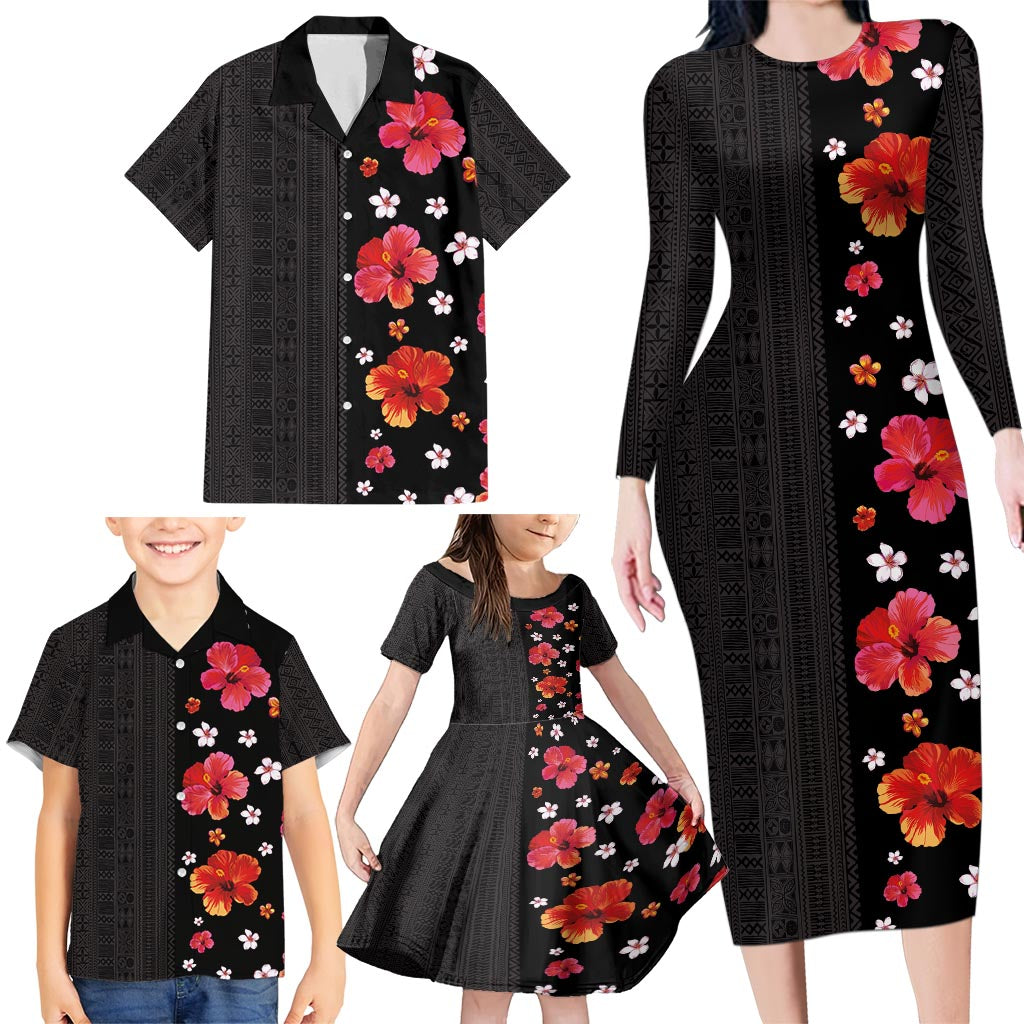 Hawaii Hibiscus and Plumeria Flowers Family Matching Long Sleeve Bodycon Dress and Hawaiian Shirt Tapa Tribal Pattern Half Style Colorful Mode LT03 - Polynesian Pride